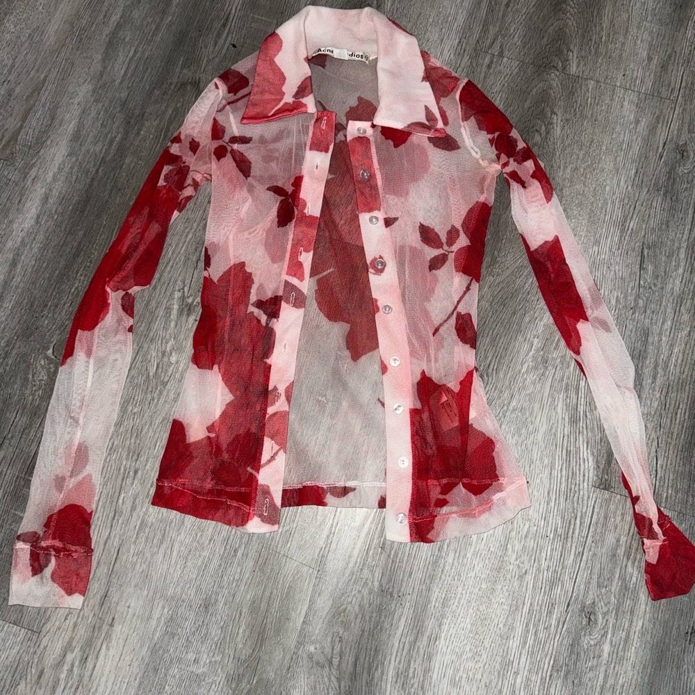 Acne Studios Sheer Red Floral Button-Up Blouse - Picture 2 of 5